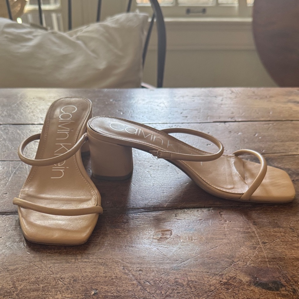 Calvin Klein Nude Taupe Minimalist Strappy Block Heel Mules